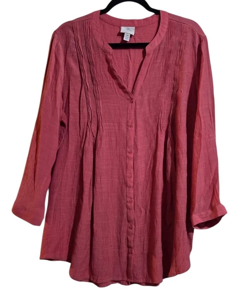 St John's Bay Blouse Women's Sz XXL Pink Mauve 3/4 Sleeve Boho Shirt Top Pintuck
